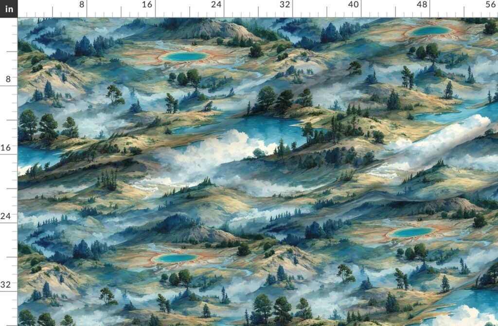 Yellowstone National Park Summer Watercolor Hot Spring Landscape Fabric design