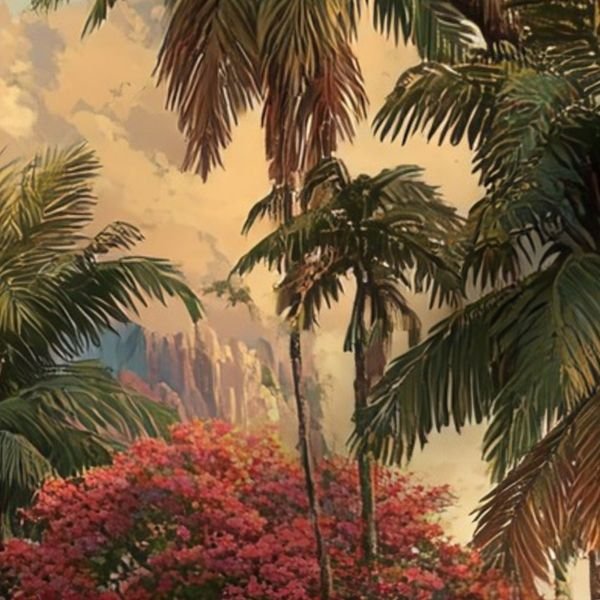 Vintage Hawaiian Watercolor Landscape with Misty Mountains and Palms Decor Collection Home Styling Collection coastal fabric design