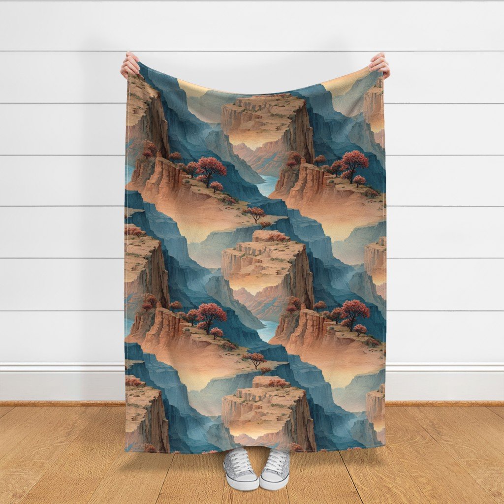 Spring Blossoms Over the Grand Canyon Watercolor Landscape Fabric grand canyon fabric