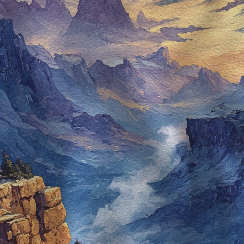 Winter Silence Over the Grand Canyon Watercolor Landscape Fabric cool tone fabric