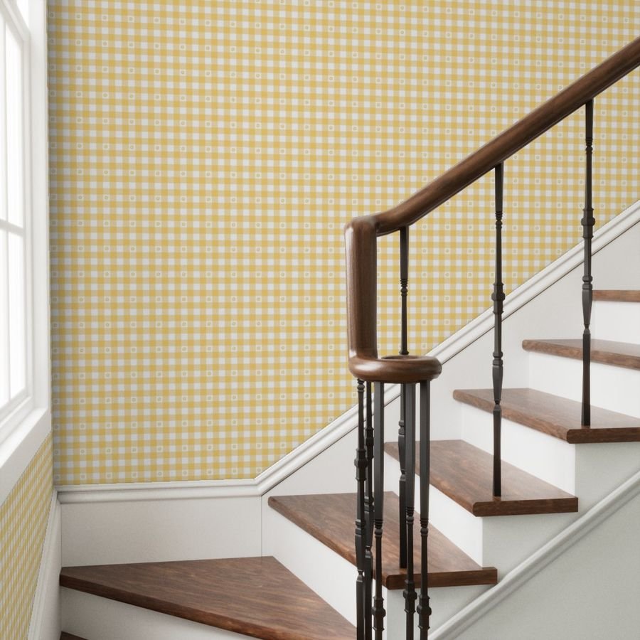 Buttercup Yellow and White Gingham Check with Center Floral Medallions in Home Decor Collection Home Styling Collection gingham with flower wallpaper