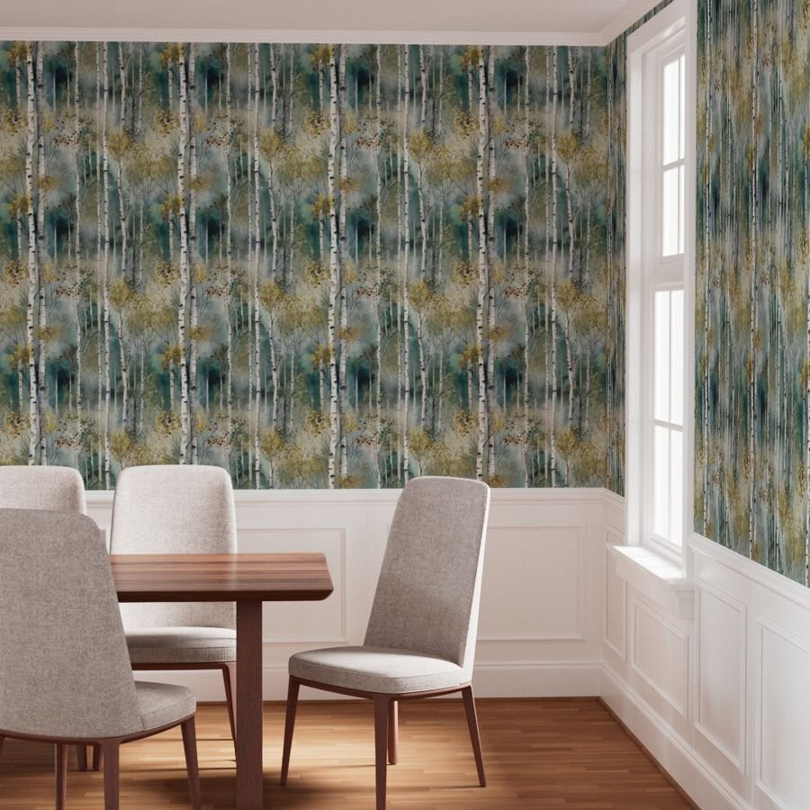 Endless Birch Tree Dreamscape Trees in Misty Forest Watercolor Wallpaper tree repeat wallpaper