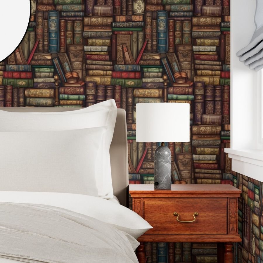 Stacked Bound Vintage Books on Library Book Shelf Wallpaper life size wallpaper