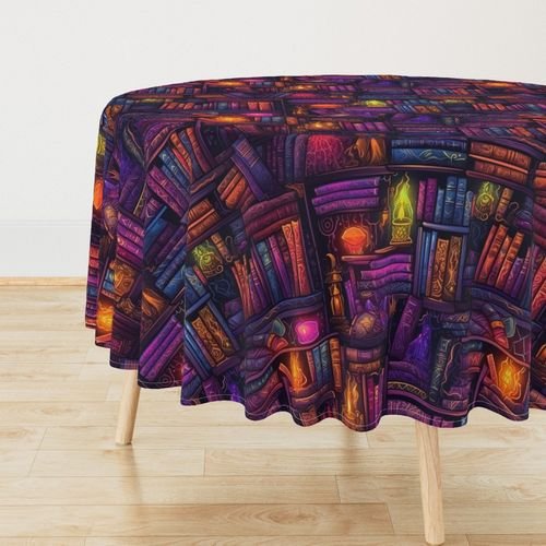 Witch Spooky Neon Halloween Books on Library Spell Book Shelf Home Decor Collection Decor Collection spell books tablecloth design