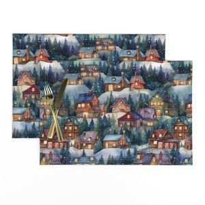 Small Christmas Rustic Country Winter Cabins Watercolor Home Decor Collection Decor Collection rustic village placemat design