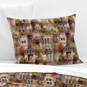 Brownstone Buildings in Varied Tones of Brown Watercolor Design Collection Interior Collection arched windows pillow sham design
