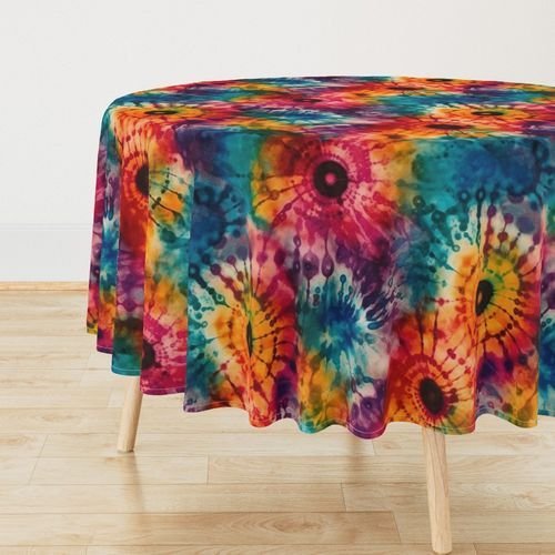 Jumbo Tie Dye Batik in Bright Multi Rainbow Colors Circling Swirls Interior Collection Home Styling Collection wax transfer tablecloth design