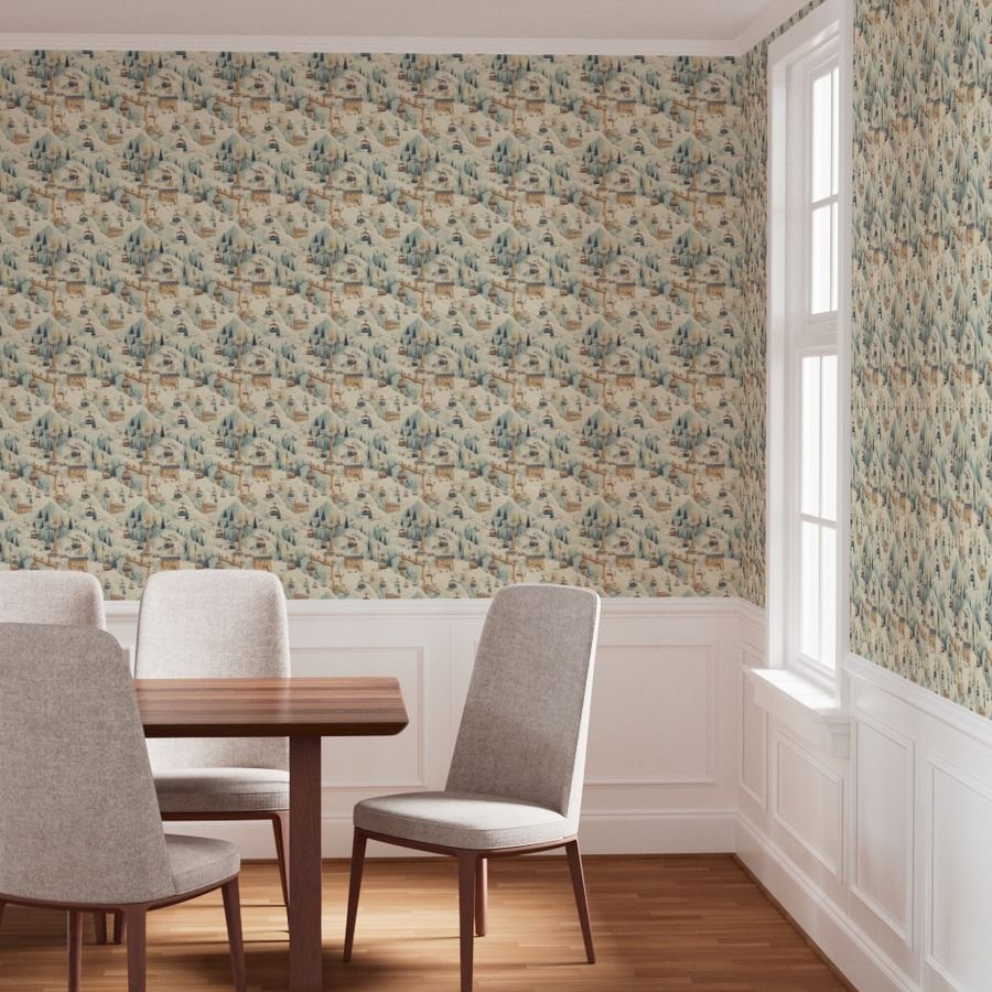 Vintage Ski Slope Cabins in Soft Pastels Wallpaper pastel ski slope wallpaper