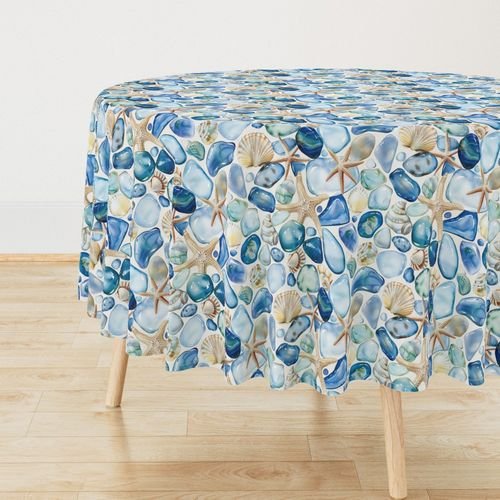 Blue and Sand Seashells and Shards of Tumbled and Scattered Watercolor Home Decor Collection Home Decor Collection watercolor beach tablecloth design