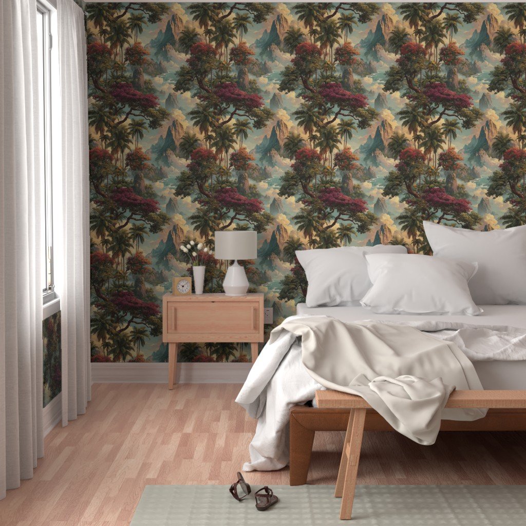 Vintage Hawaiian Watercolor Landscape with Misty Mountains and Palms Decor Collection Home Styling Collection hawaiian wallpaper