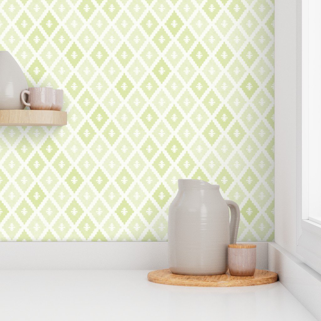 Small Sun Faded Mediterranean Diamond Pattern in Lime Sage Green Interior Collection Design Collection muted olive wallpaper
