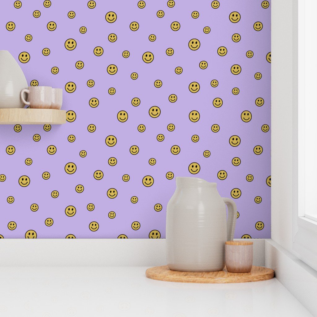 Retro Yellow Smiley Faces on Lavender Home Styling Collection Design Collection dopamine decor wallpaper