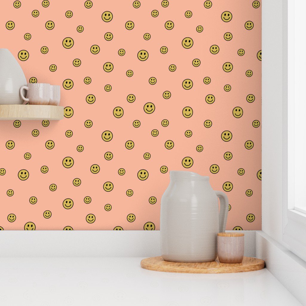 Retro Yellow Smiley Faces on Peach Interior Collection Decor Collection happy faces wallpaper