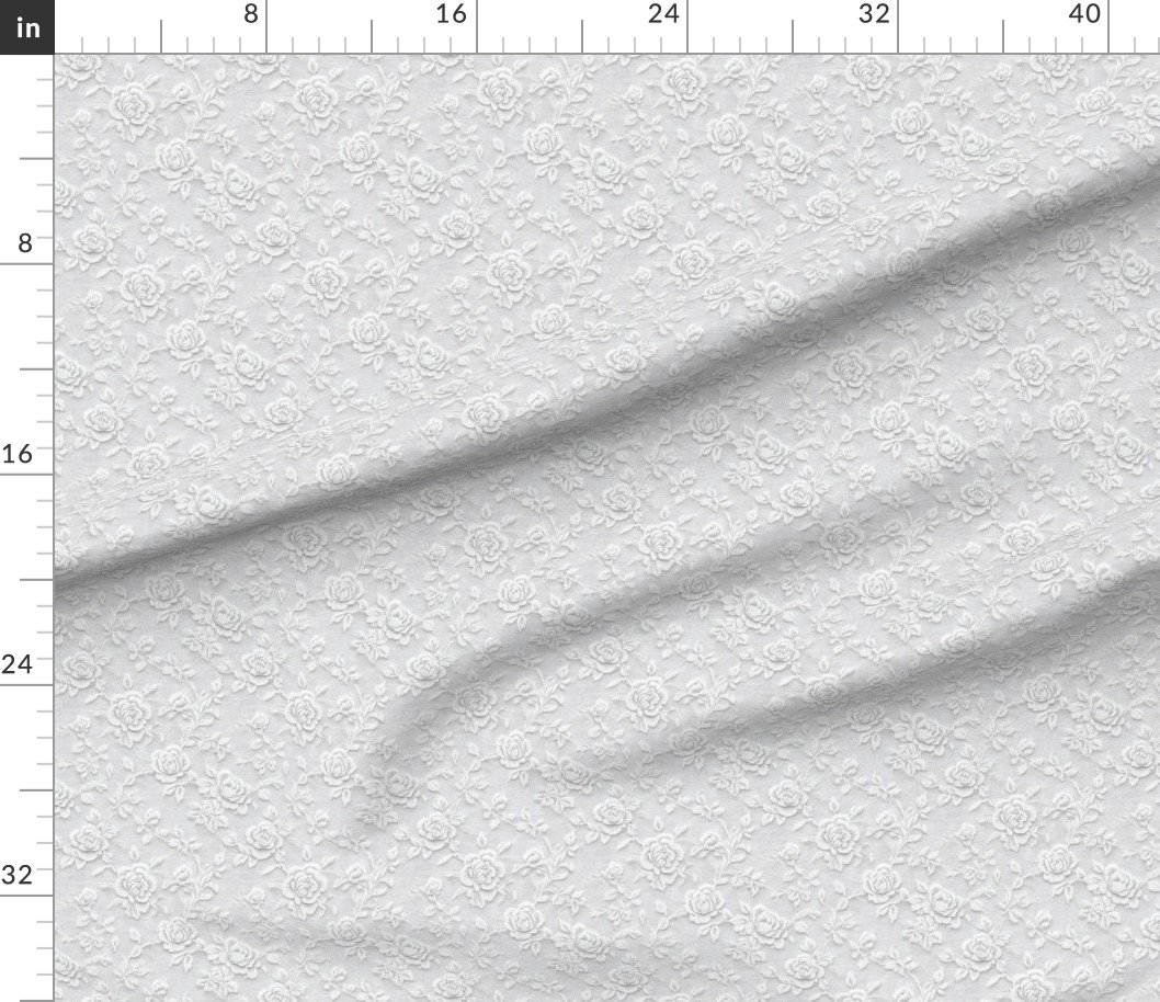 Vintage Lace Rose Floral Pattern in Soft White — fabric ruler scale view