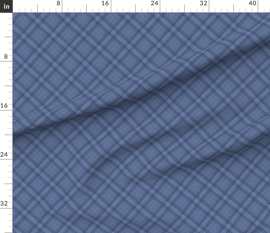 Denim Blue and Steel Gray Wool Texture Small Diagonal Tartan Plaid — ruler scale view
