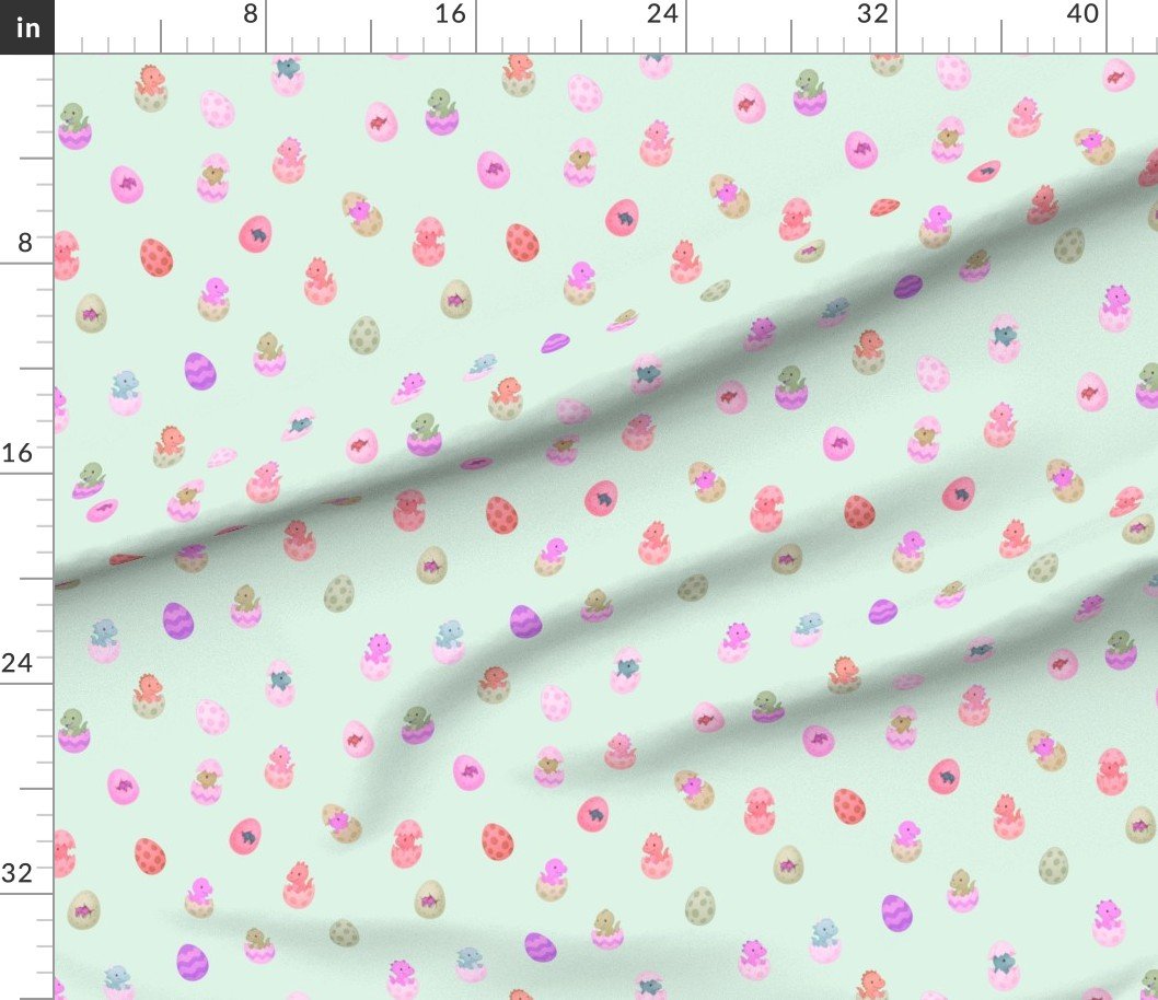 Easter Dino Eggs Watercolor Pattern on Soft Mint — fabric ruler scale view
