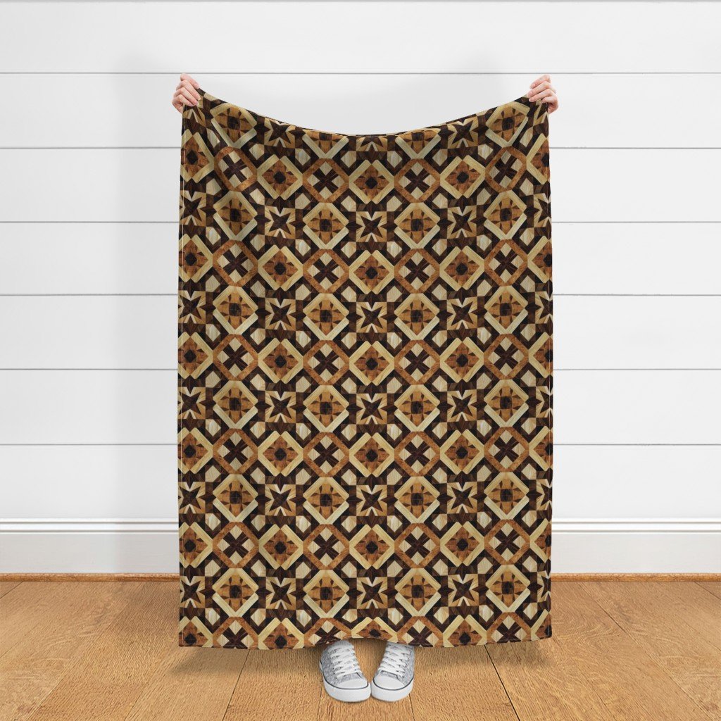 Geometric Marquetry Wood Inlay Pattern in Rich Dark Wood Tones Fabric dark wood fabric