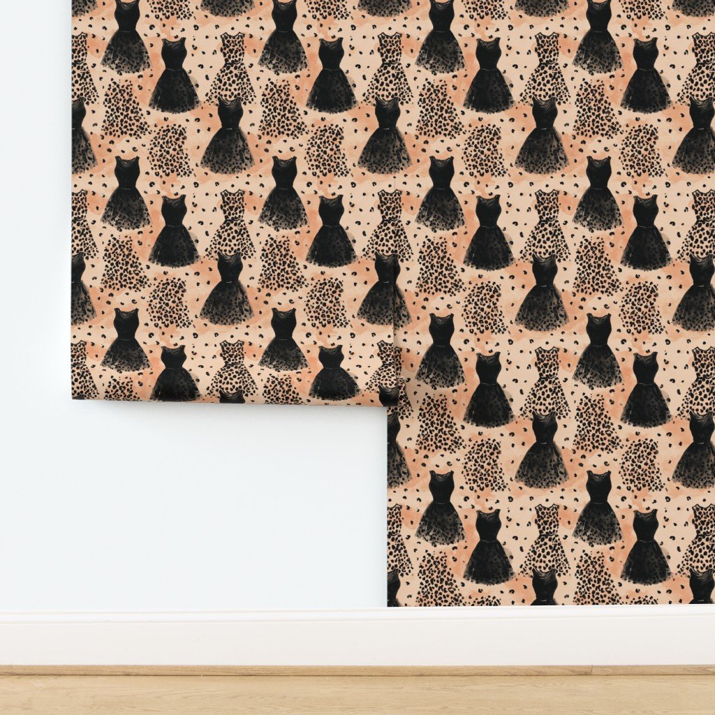 Leopard and Black Dress Fashion Pattern on Blush Wallpaper design