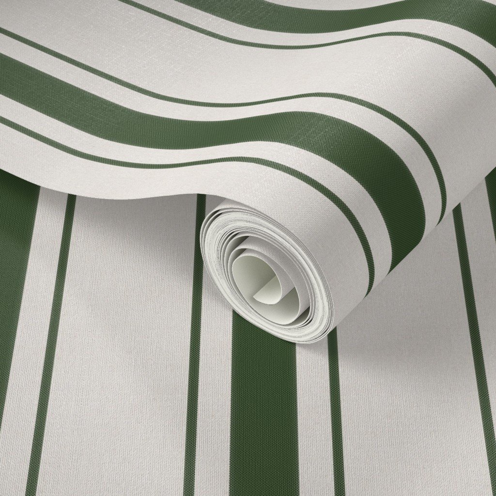 Forest Green Antique Vintage Mattress Ticking Stripe on Cream Decor Collection Home Decor Collection faux linen wallpaper