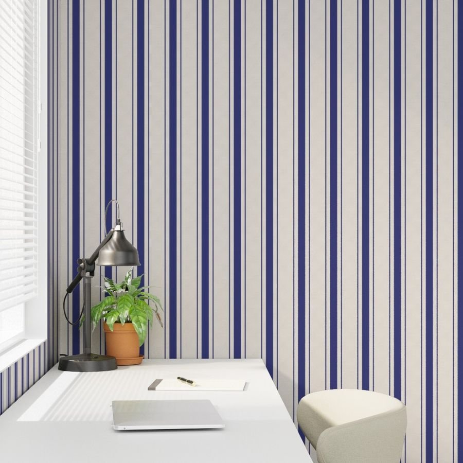 Medium Cornflower Blue Antique Vintage Mattress Ticking Stripe on Cream Home Decor Collection Home Styling Collection ticking stripe wallpaper