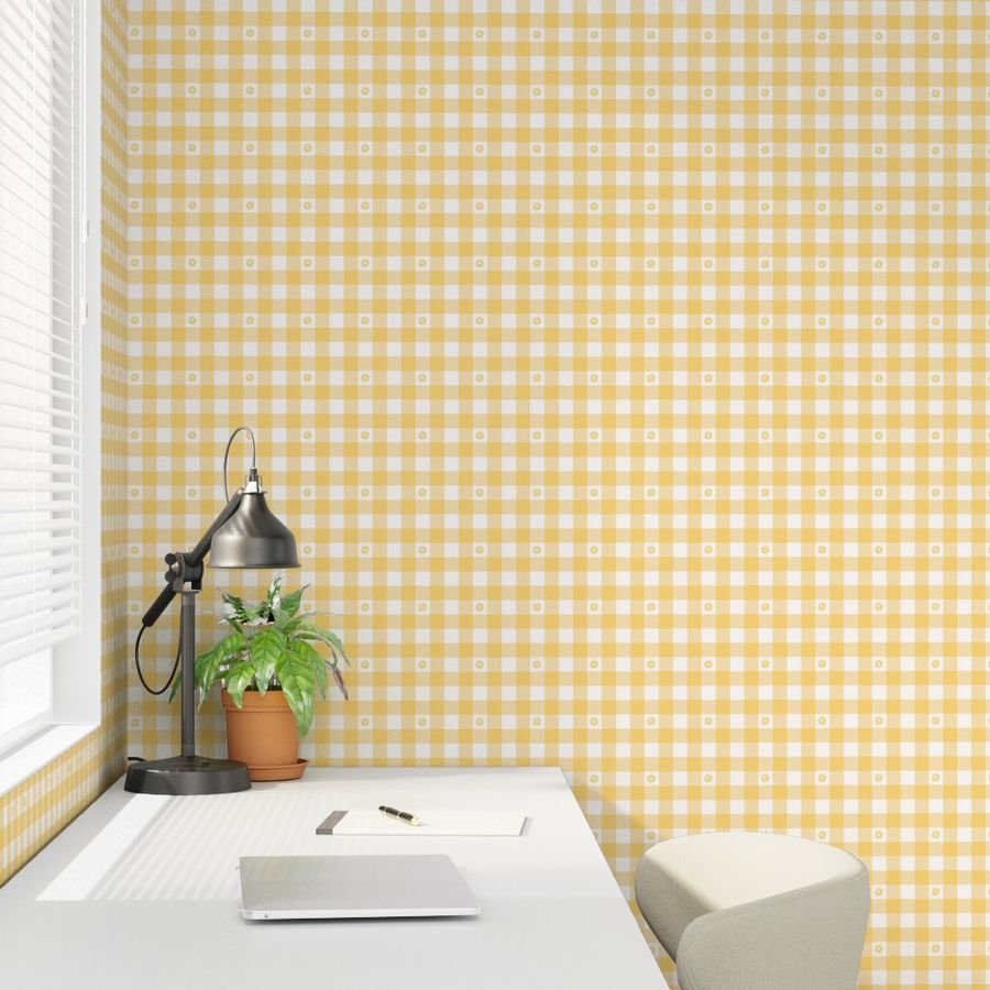 Buttercup Yellow and White Gingham Check with Center Floral Medallions in Home Decor Collection Home Styling Collection yellow and white wallpaper