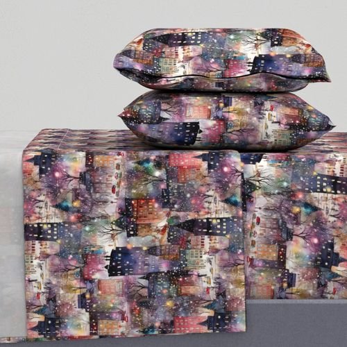 New York City Christmas Street Watercolor Home Decor Collection Home Decor Collection houses and trees sheet set design