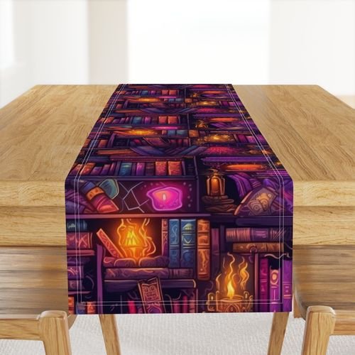 Witch Spooky Neon Halloween Books on Library Spell Book Shelf Home Decor Collection Decor Collection witches books table runner design