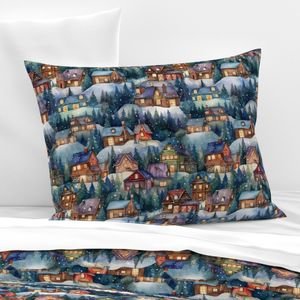 Small Christmas Rustic Country Winter Cabins Watercolor Home Decor Collection Decor Collection snowy christmas pillow sham design