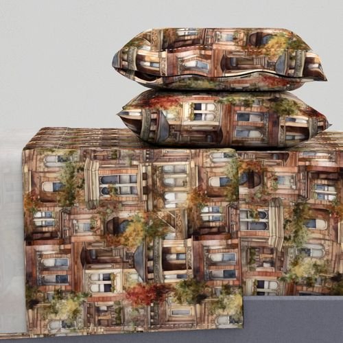 Brownstone Buildings in Varied Tones of Brown Watercolor Design Collection Interior Collection bay windows sheet set design