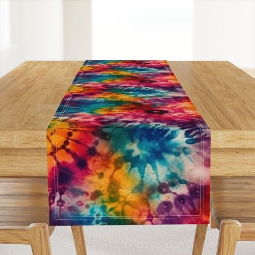 Jumbo Tie Dye Batik in Bright Multi Rainbow Colors Circling Swirls Interior Collection Home Styling Collection boho dye table runner design