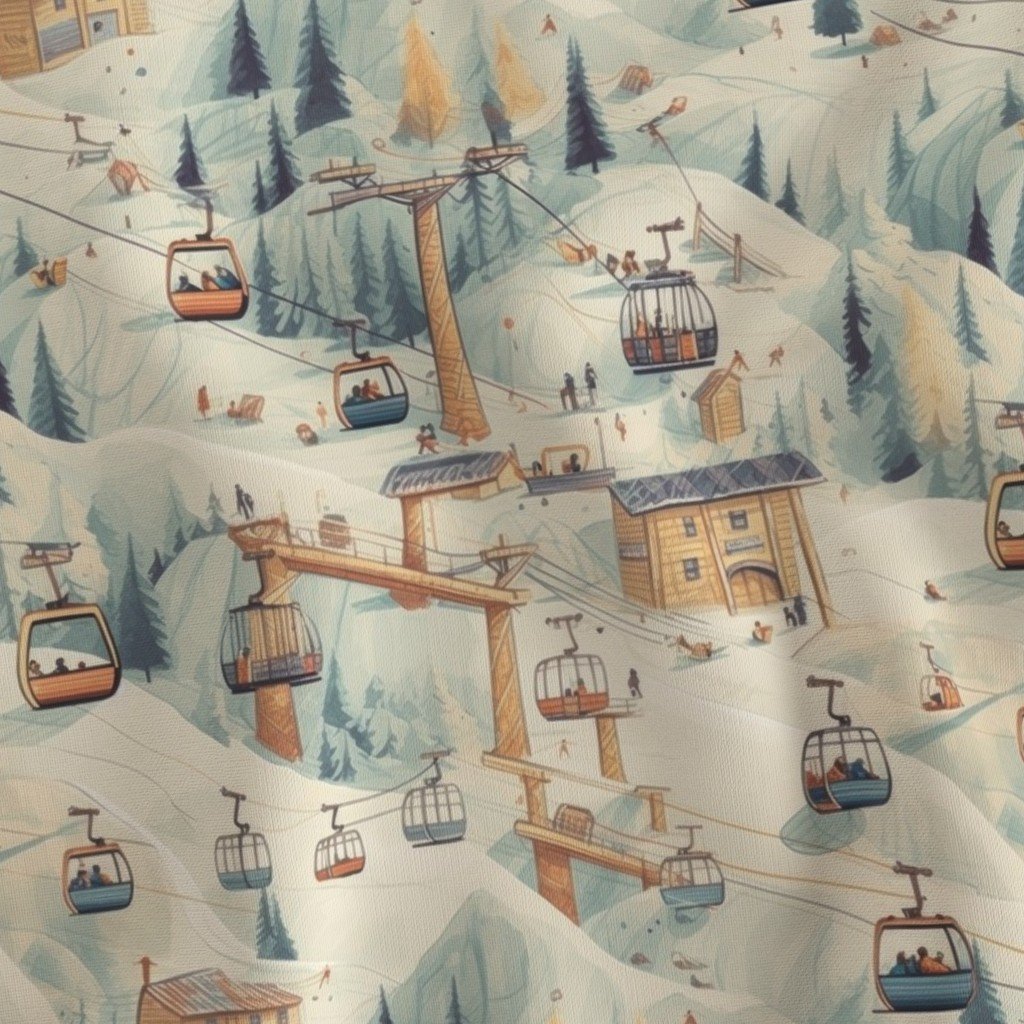 Vintage Ski Slope Cabins in Soft Pastels Fabric ski slope fabric