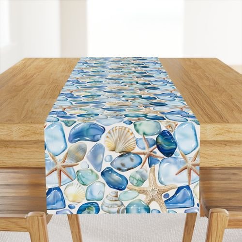 Blue and Sand Seashells and Shards of Tumbled and Scattered Watercolor Home Decor Collection Home Decor Collection blue sand beach table runner design