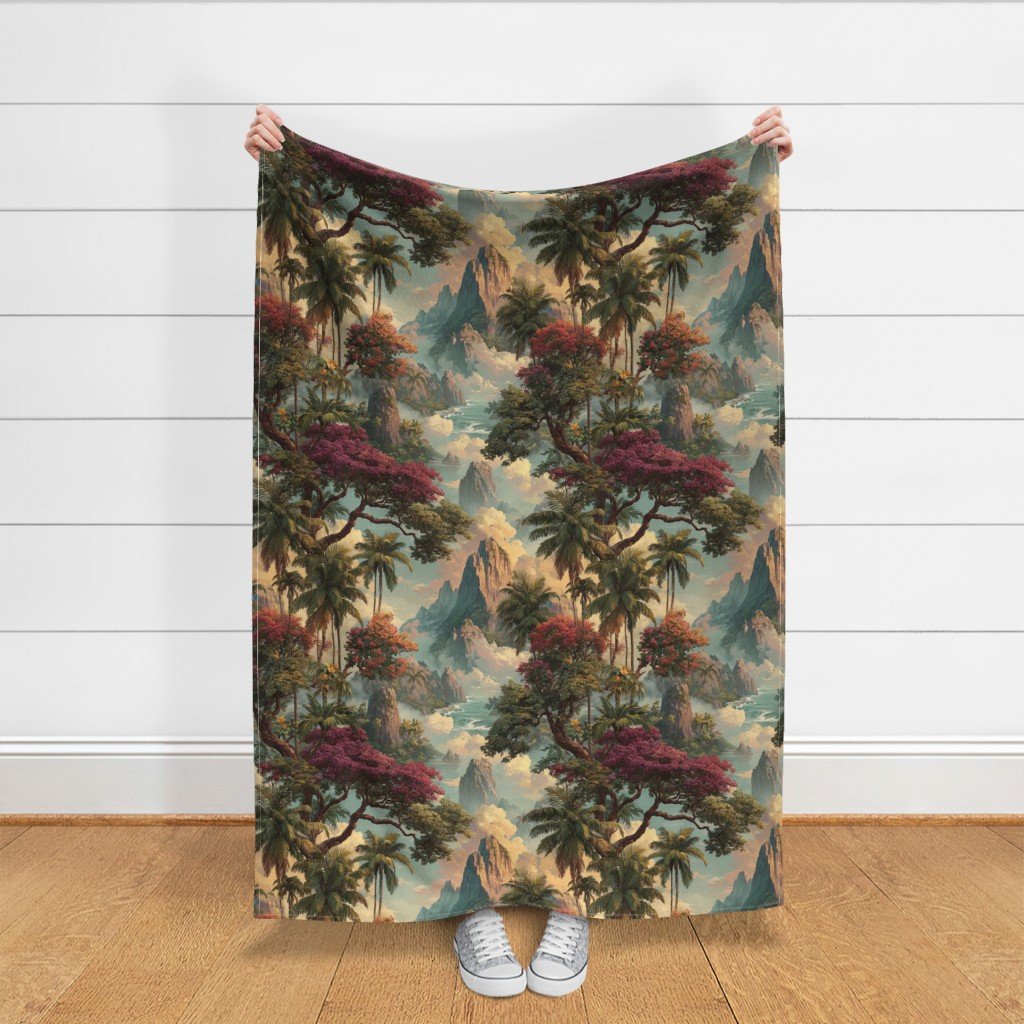 Vintage Hawaiian Watercolor Landscape with Misty Mountains and Palms Decor Collection Home Styling Collection coastal fabric