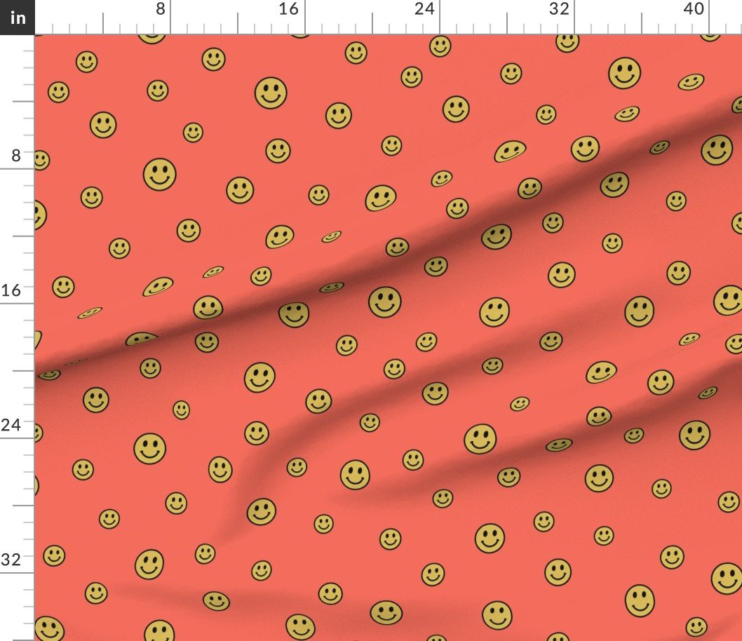 Retro Yellow Smiley Faces on Coral Decor Collection Design Collection 90s nostalgia fabric