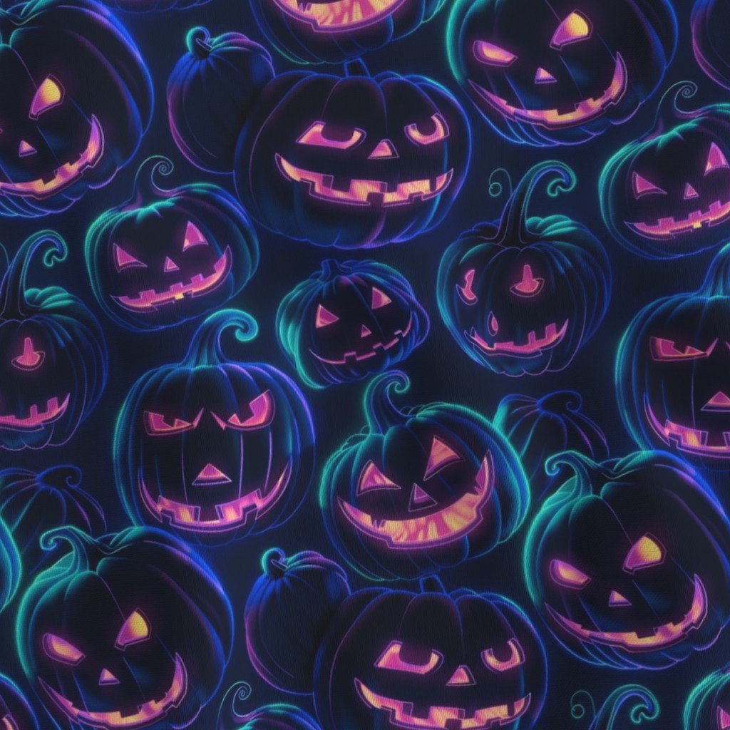 Small Neon Blue Halloween Pumpkins Glowing in the Dark Fabric dark spooky pattern fabric
