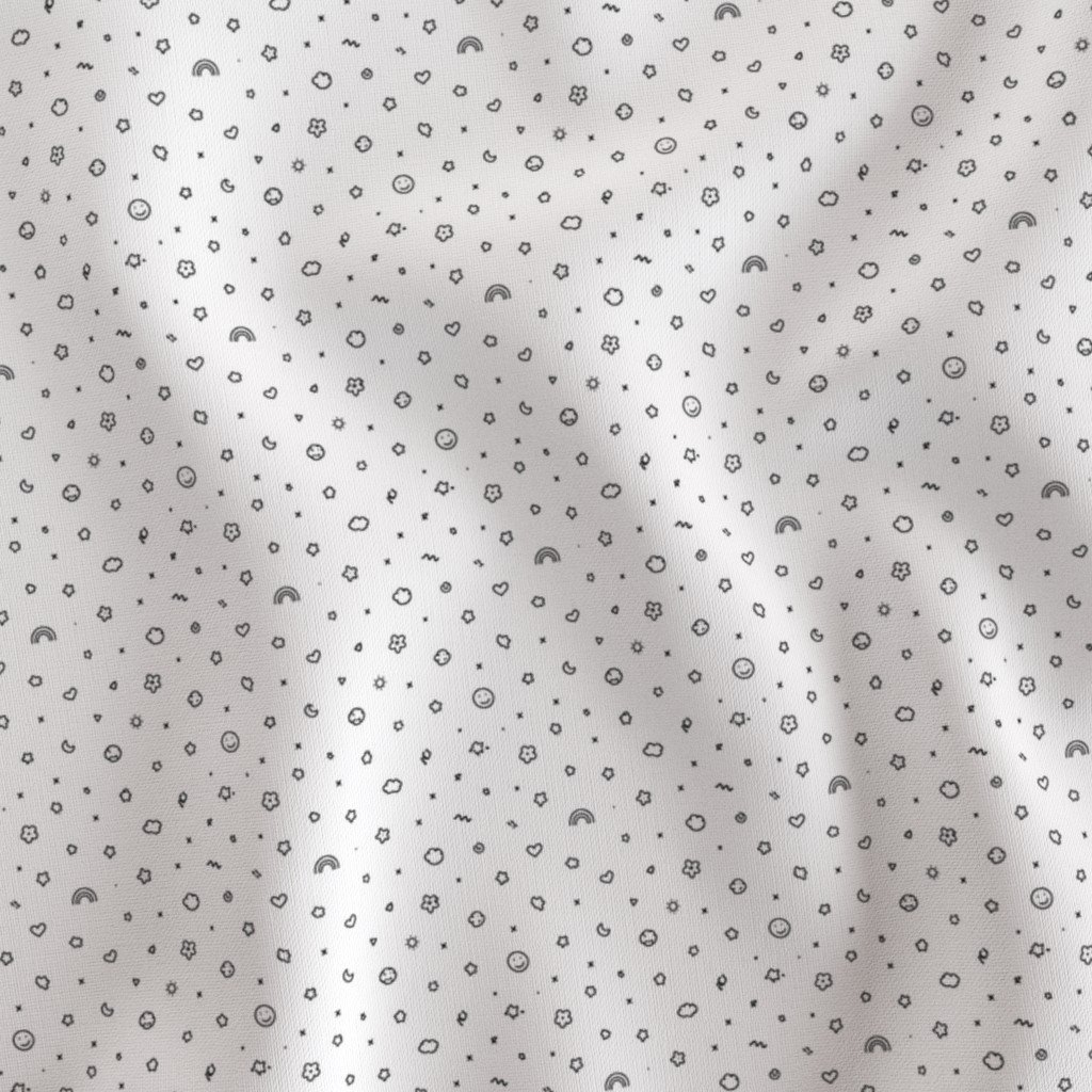 Minimal Black and White Doodle Pattern with Hearts Stars Clouds Smiles Fabric black and white fabric