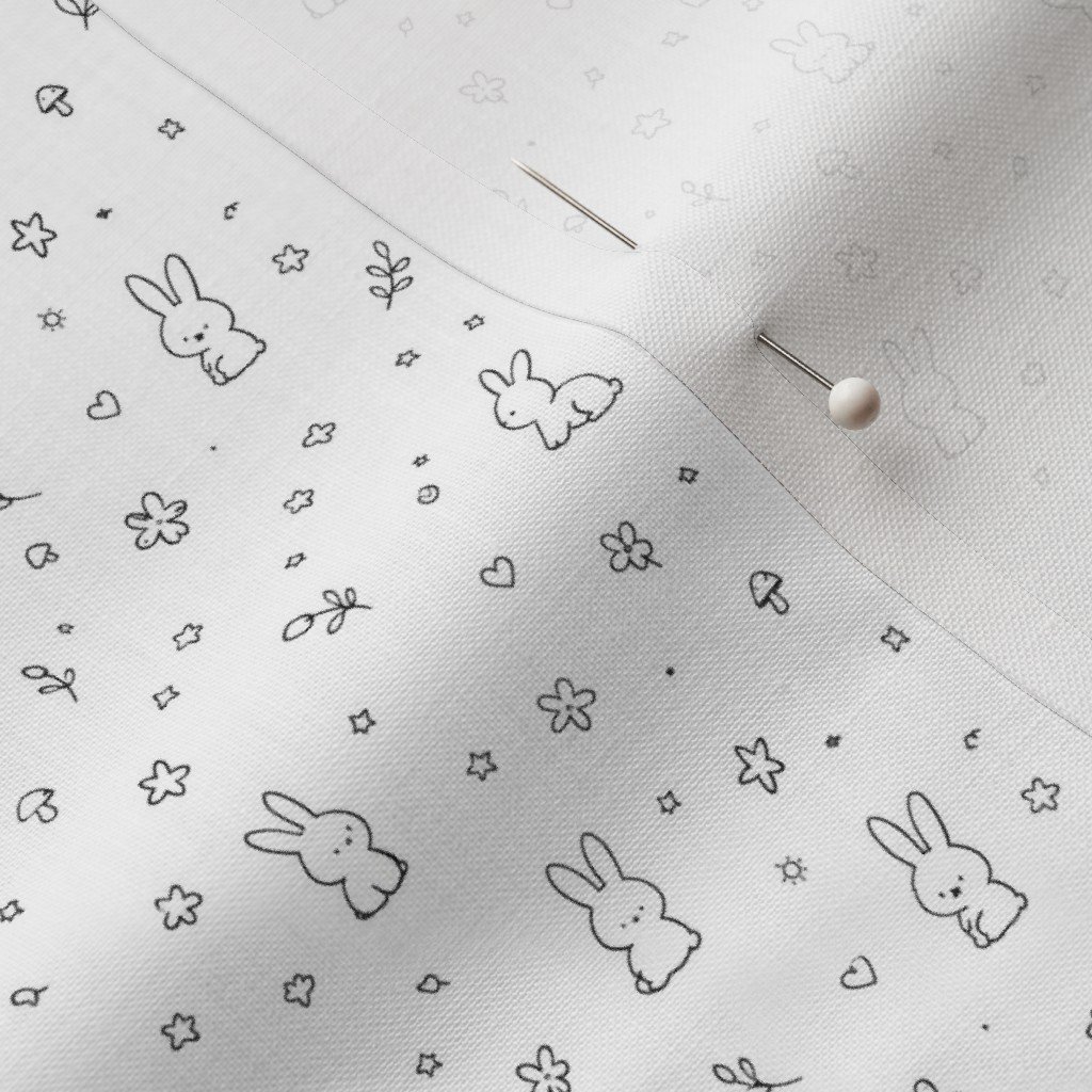 Minimal Black And White Bunny Doodle Pattern With Flowers Stars Hearts Fabric black and white fabric
