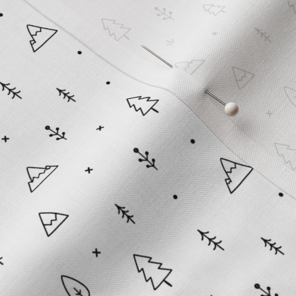 Minimal Black and White Woodland Doodle Pattern with Trees and Mountai Fabric black and white fabric