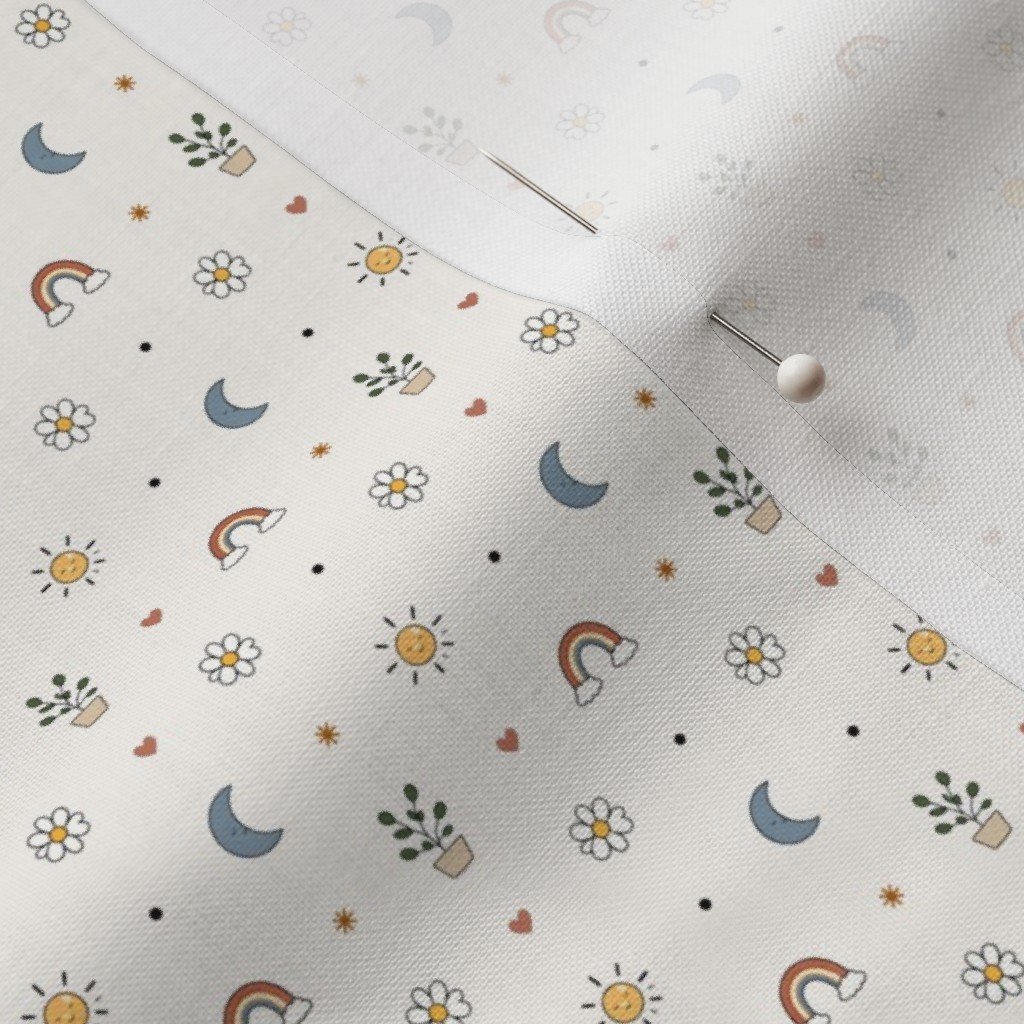 Boho Nursery Doodle Pattern With Rainbows Suns Moons And Plants Fabric hand drawn fabric