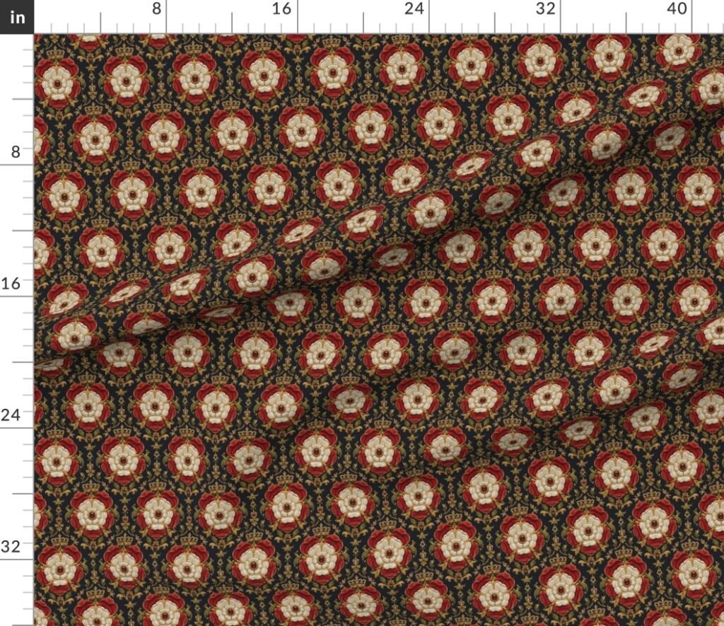Royal Tudor Rose Crown Damask on Midnight Black Fabric design