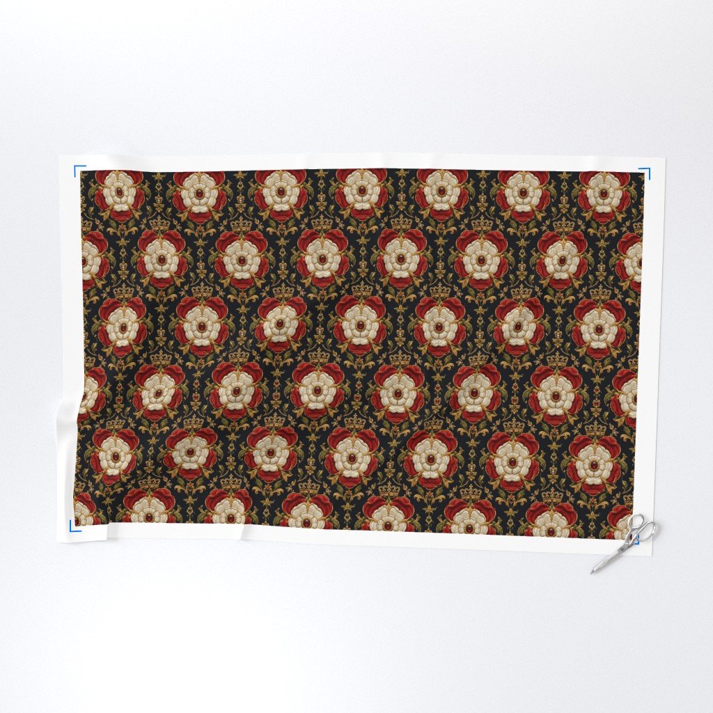 Large Royal Tudor Rose Crown Damask on Midnight Black Fabric black and white fabric