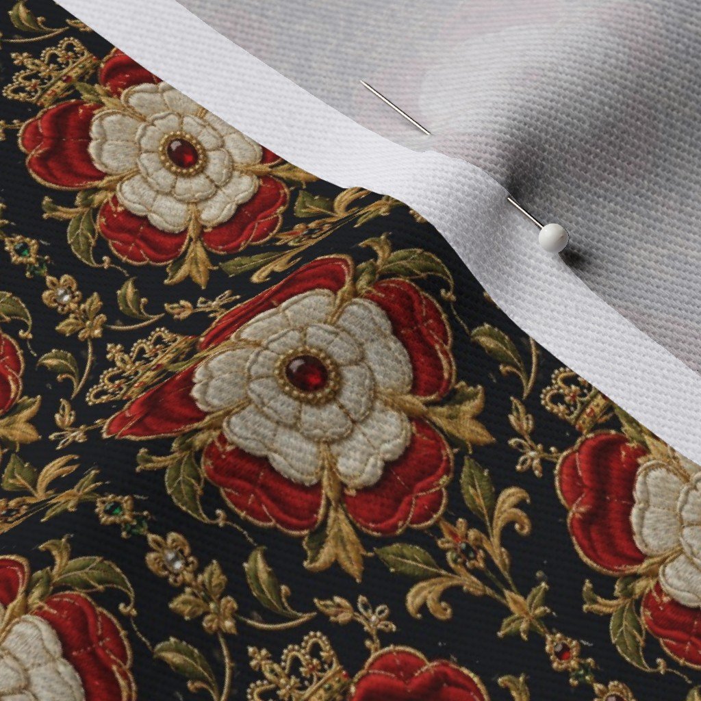 Small Royal Tudor Rose Crown Damask on Midnight Black Fabric black and white fabric