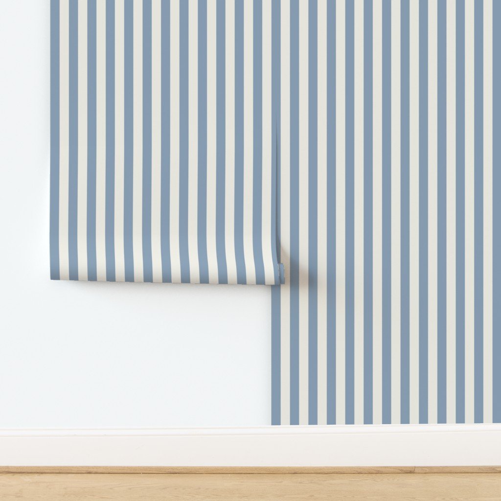 Classic Dusty Blue and Ivory One Inch Broad Stripe Pattern Wallpaper design
