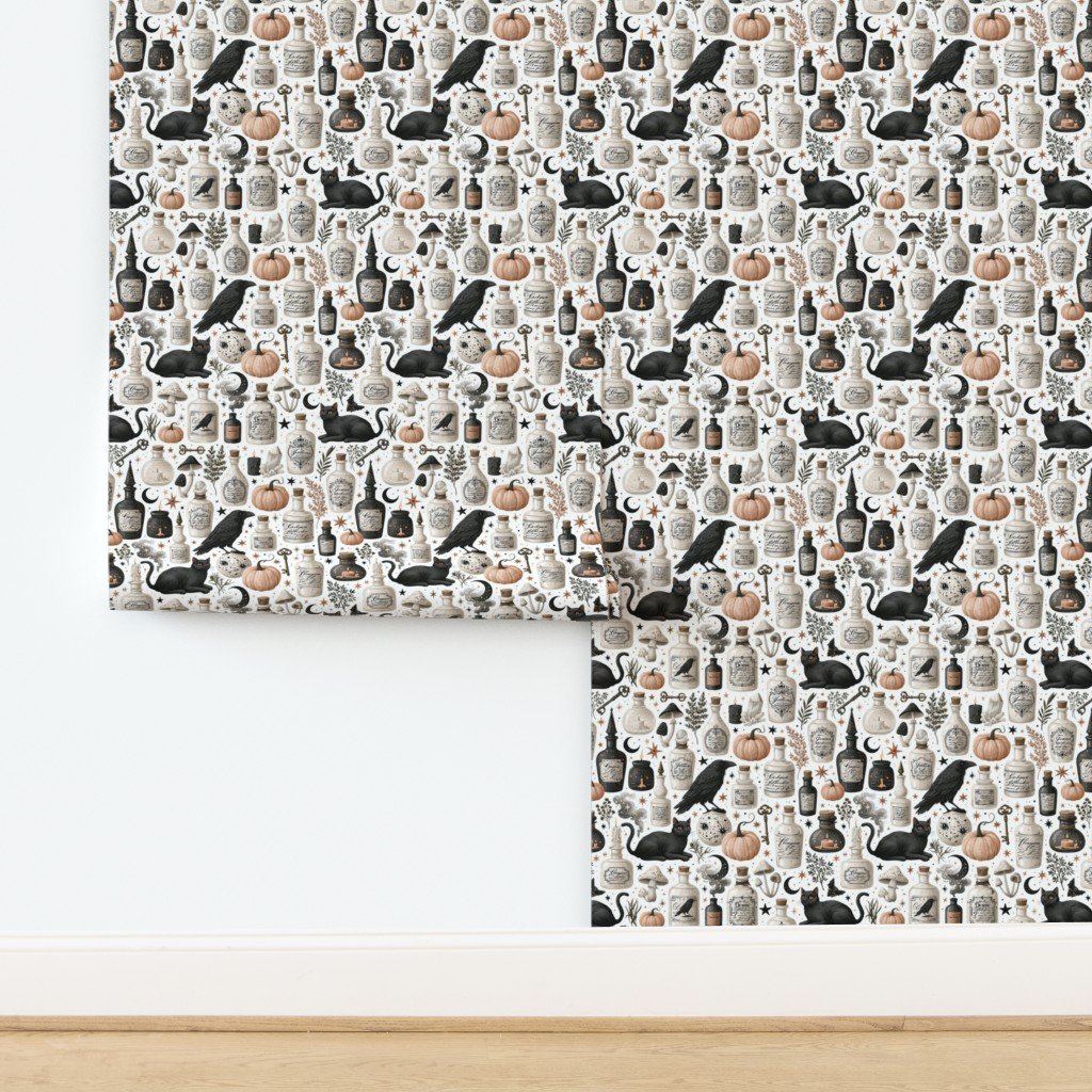 Vintage Halloween Apothecary Bottles with Black Cats Pumpkins and Wallpaper design