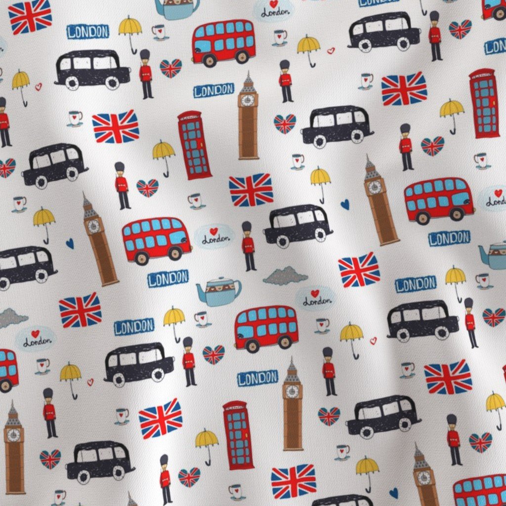 London England Handdrawn Motifs Big Ben Union Jack Palace Guard Fabric black cabs fabric