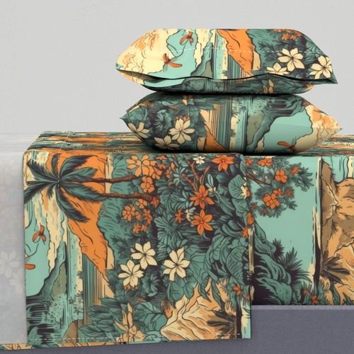 Vintage Hawaiian Landscape Teal Interior Collection Home Styling Collection old hawaii sheet set design