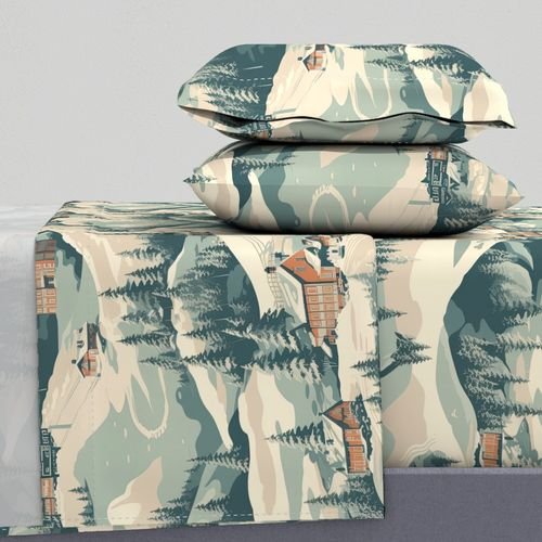 Vintage Ski Slope Blue Interior Collection Decor Collection vintage print sheet set design