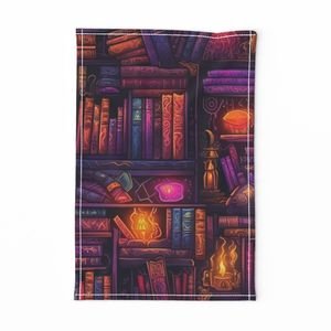 Witch Spooky Neon Halloween Books on Library Spell Book Shelf Home Decor Collection Decor Collection books of spells tea towel design