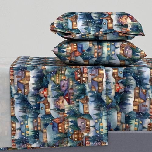Small Christmas Rustic Country Winter Cabins Watercolor Home Decor Collection Decor Collection village houses sheet set design