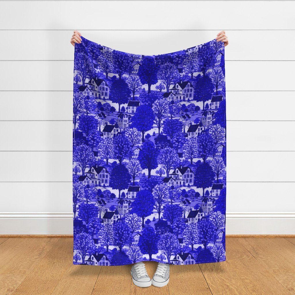 New England Village Houses with Trees in Royal Blue Porcelain Glaze Fabric new england fabric